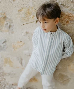 Gestreiftes Leinenhemd „Blue Stripes“ mit Stehkragen