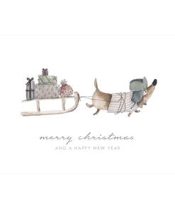Postkarte Dackel mit Schlitten „Merry Christmas“